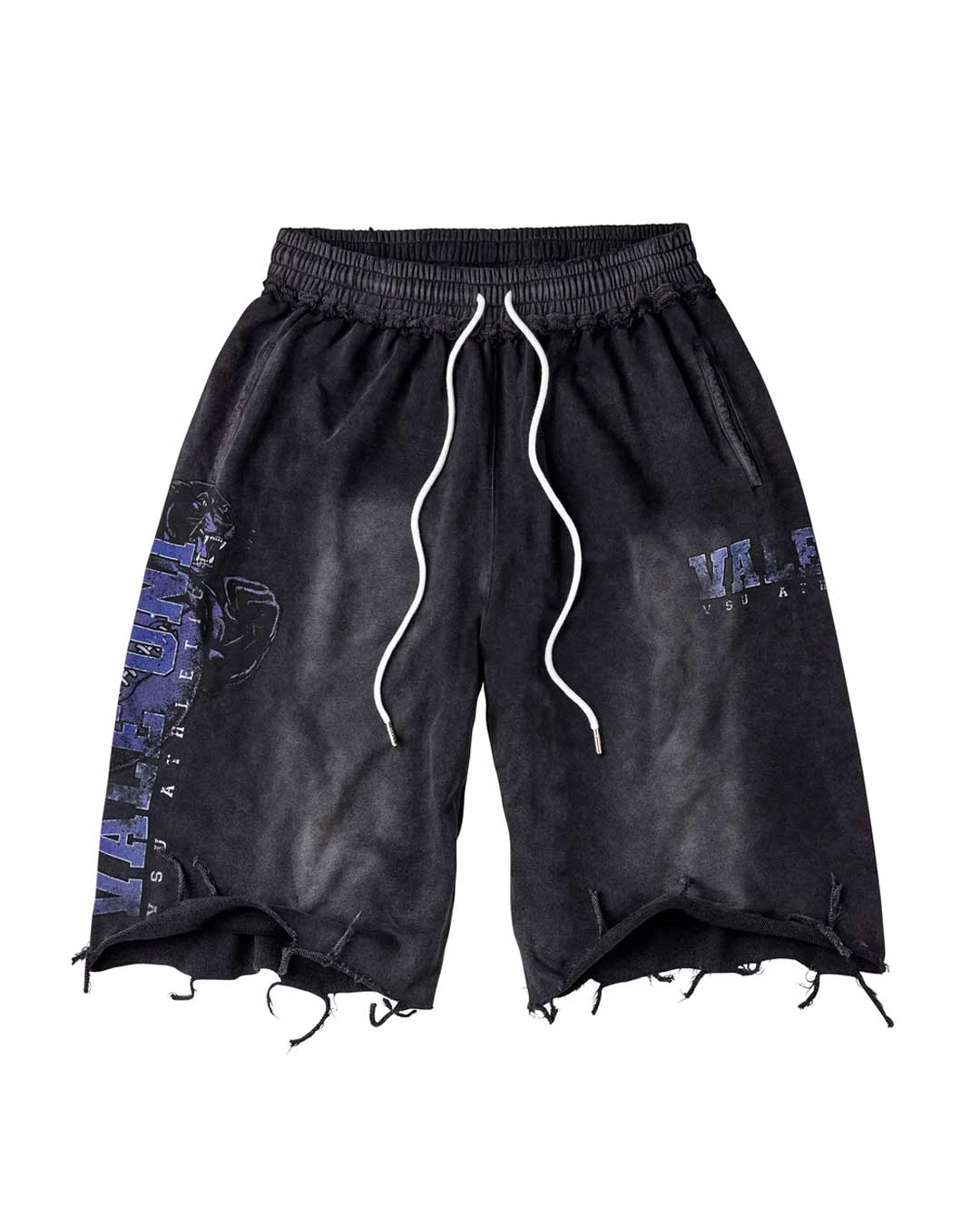 Vale Forever Football Kountry Swort black, washed sweat shorts with a purple paisley leg panel and frayed hems, front view