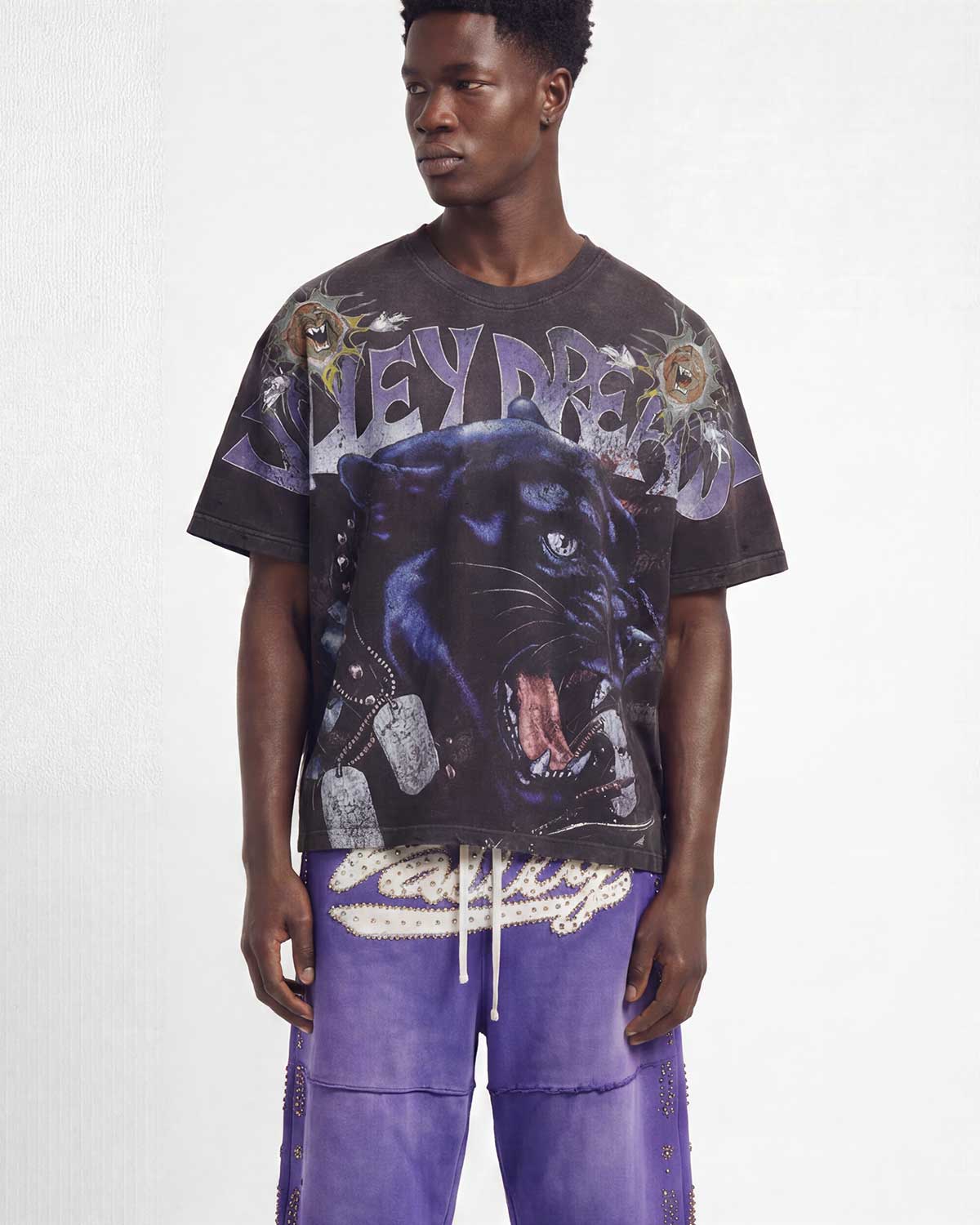 A male model wearing a black graphic t-shirt with a large panther print and purple pants, photographed against a light gray studio background.