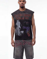 Model wearing Vale Forever Growth Tank washed black, close-up of rhinestone script and horse collage graphic