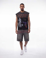 Model wearing Vale Forever Growth Tank washed black with rhinestone shorts, full front view