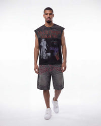 Model wearing Vale Forever Growth Tank washed black with rhinestone shorts, full front view