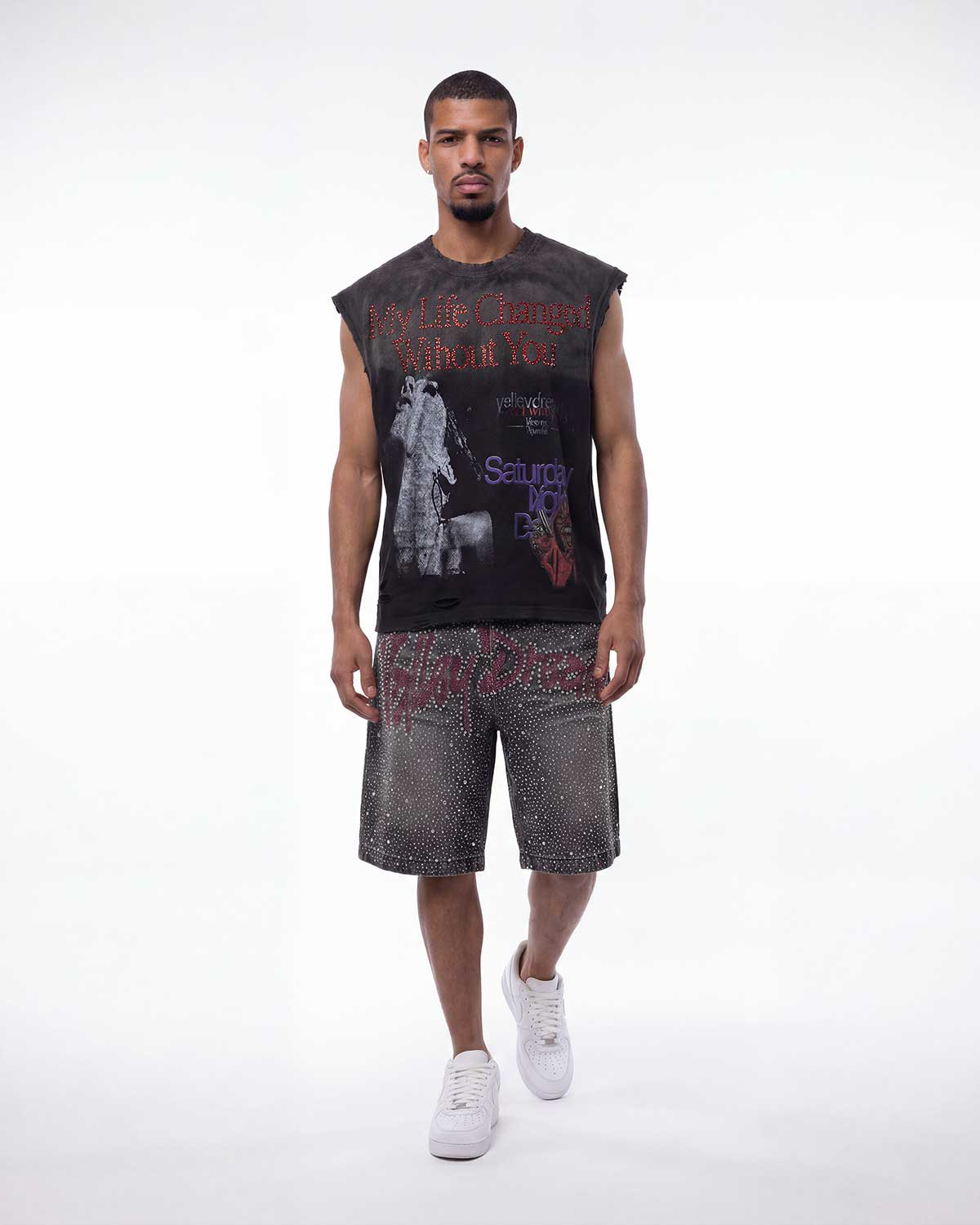 Model wearing Vale Forever Growth Tank washed black with rhinestone shorts, full front view