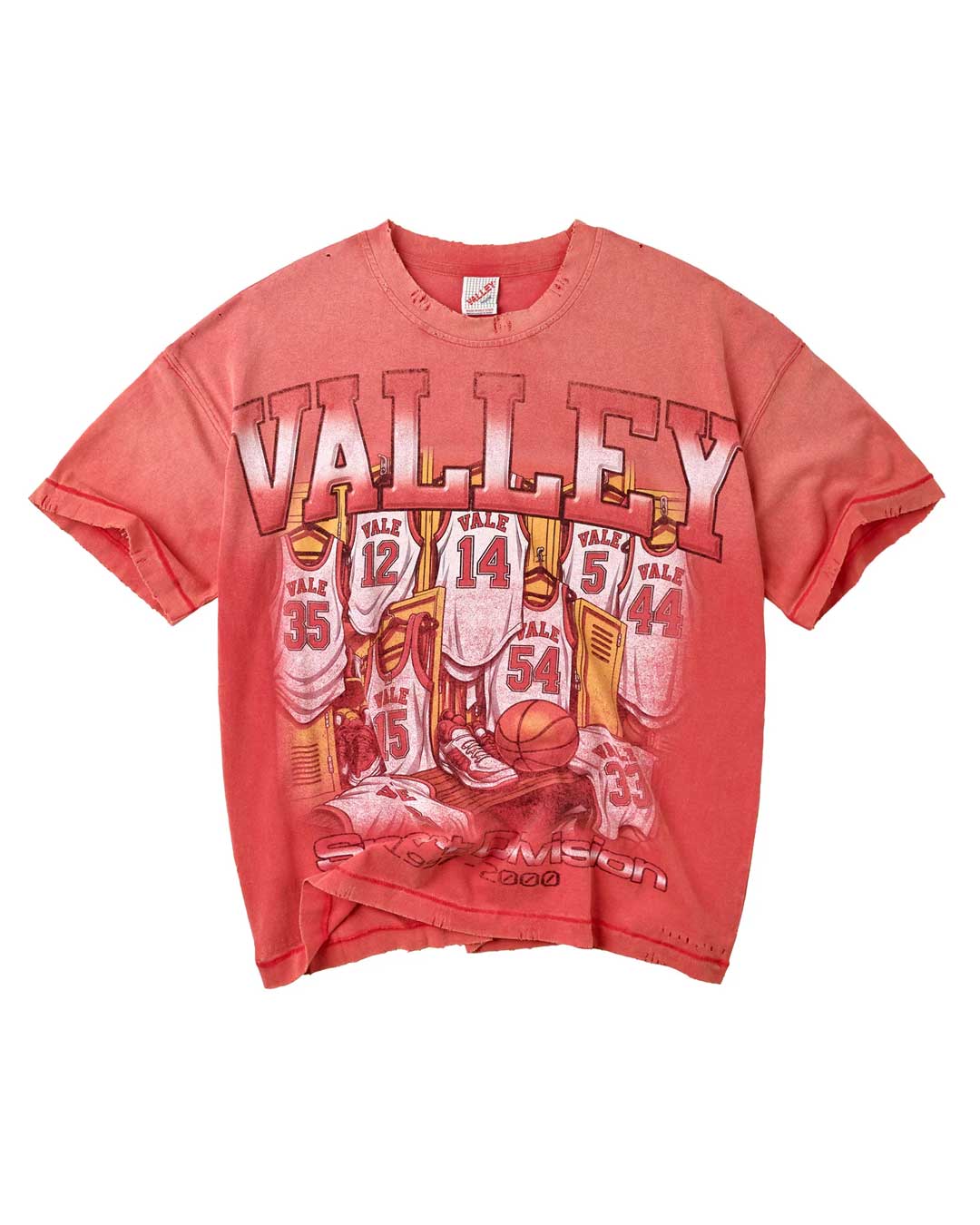 Vale Forever Bleachers Tee red, sun-faded cotton tee with an arched VALLEY wordmark over a locker-room jersey graphic, front view