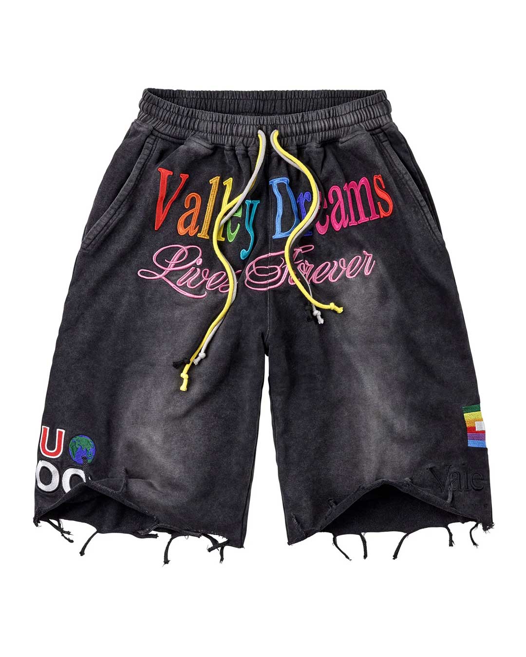 Vale Forever Ice Cream Sworts black, washed raw-cut sweat shorts with rainbow Valley Dreams embroidery, front view