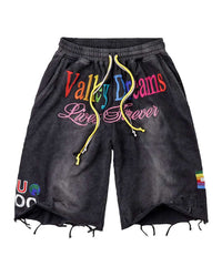 Vale Forever Ice Cream Sworts black, washed raw-cut sweat shorts with rainbow Valley Dreams embroidery, front view
