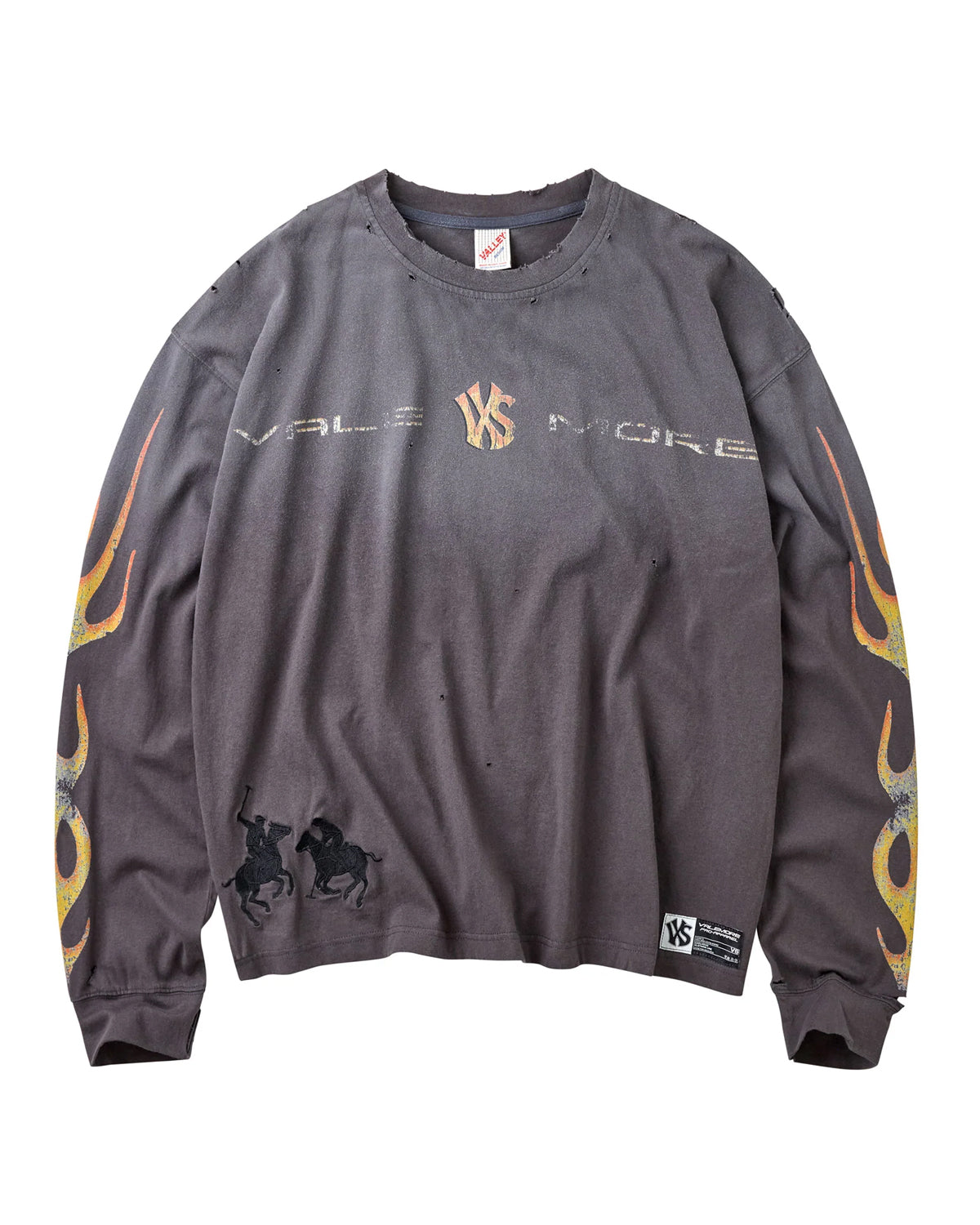 Vale Forever Inferno L/S Tee grey, faded long sleeve with flame sleeve graphics, front view