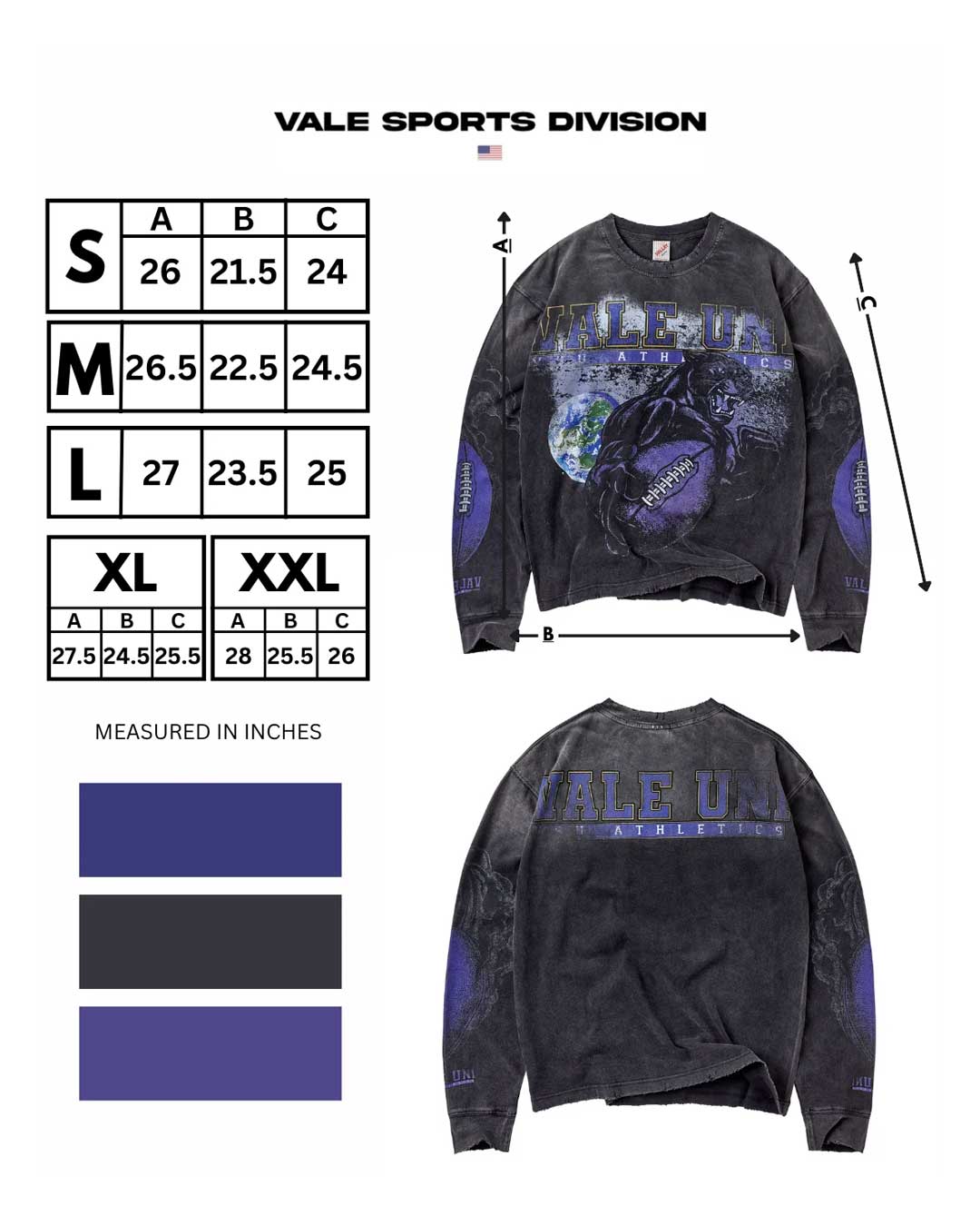 Vale Forever Kountry L/S black, size chart with measurements in inches