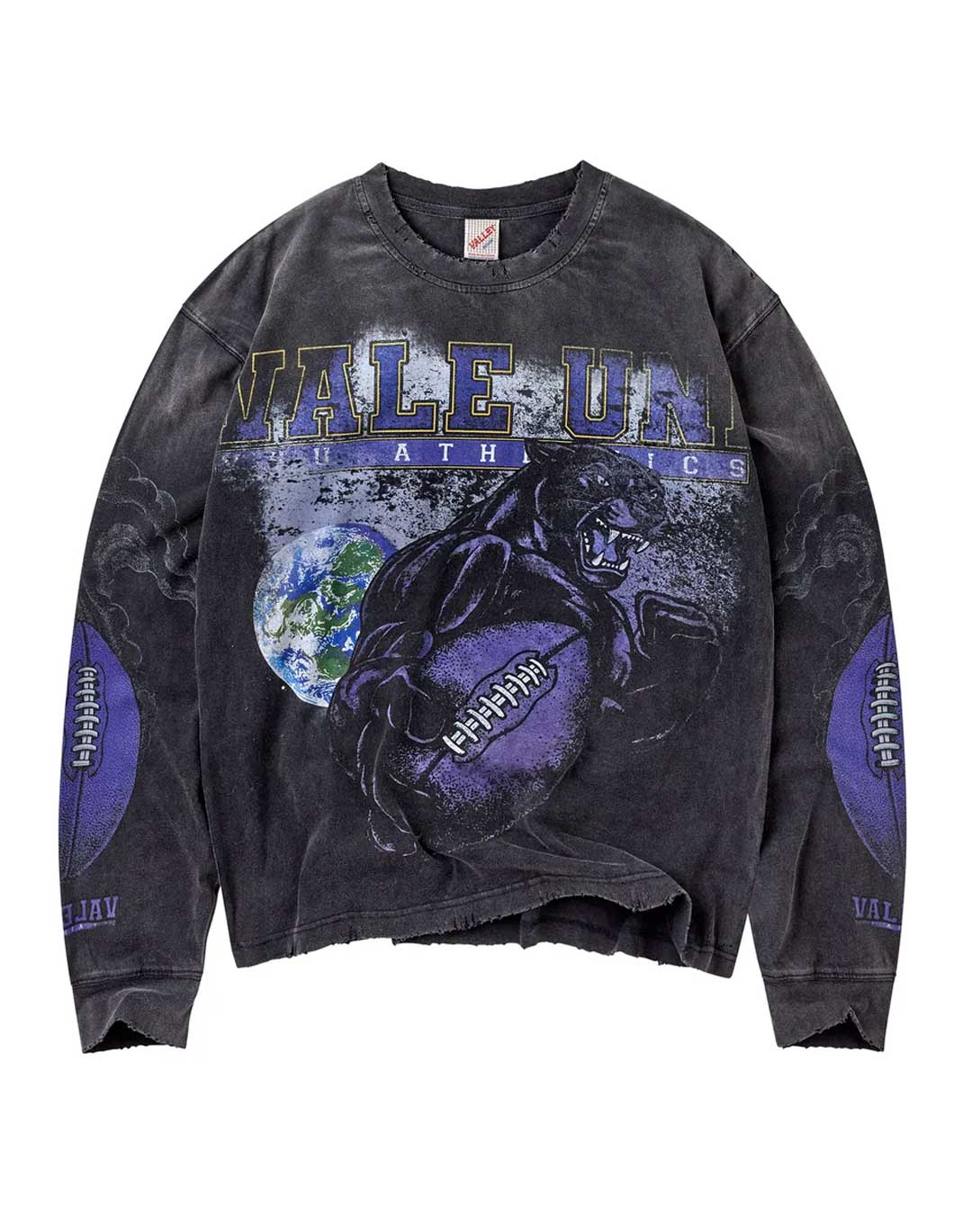 Vale Forever Kountry L/S black, washed long sleeve tee with a purple Vale Uni globe graphic, front view