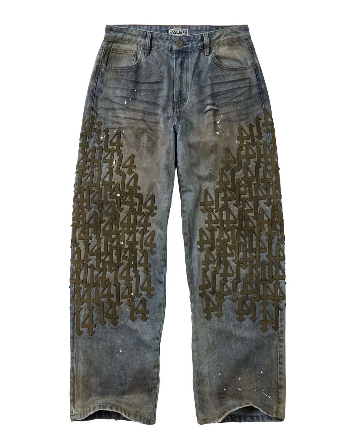 Vale Forever Luckie 14 Jeans blue, washed denim with embroidered 14 and cross motifs, front view