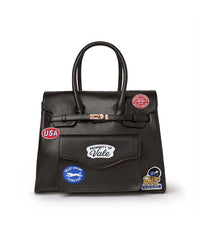 Vale Forever Lucky Charms Bag brown, structured leather top-handle bag with USA and Property of Vale patches, front view