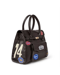 Vale Forever Lucky Charms Bag brown, angled side view showing the cream 14 applique and Valley State patch
