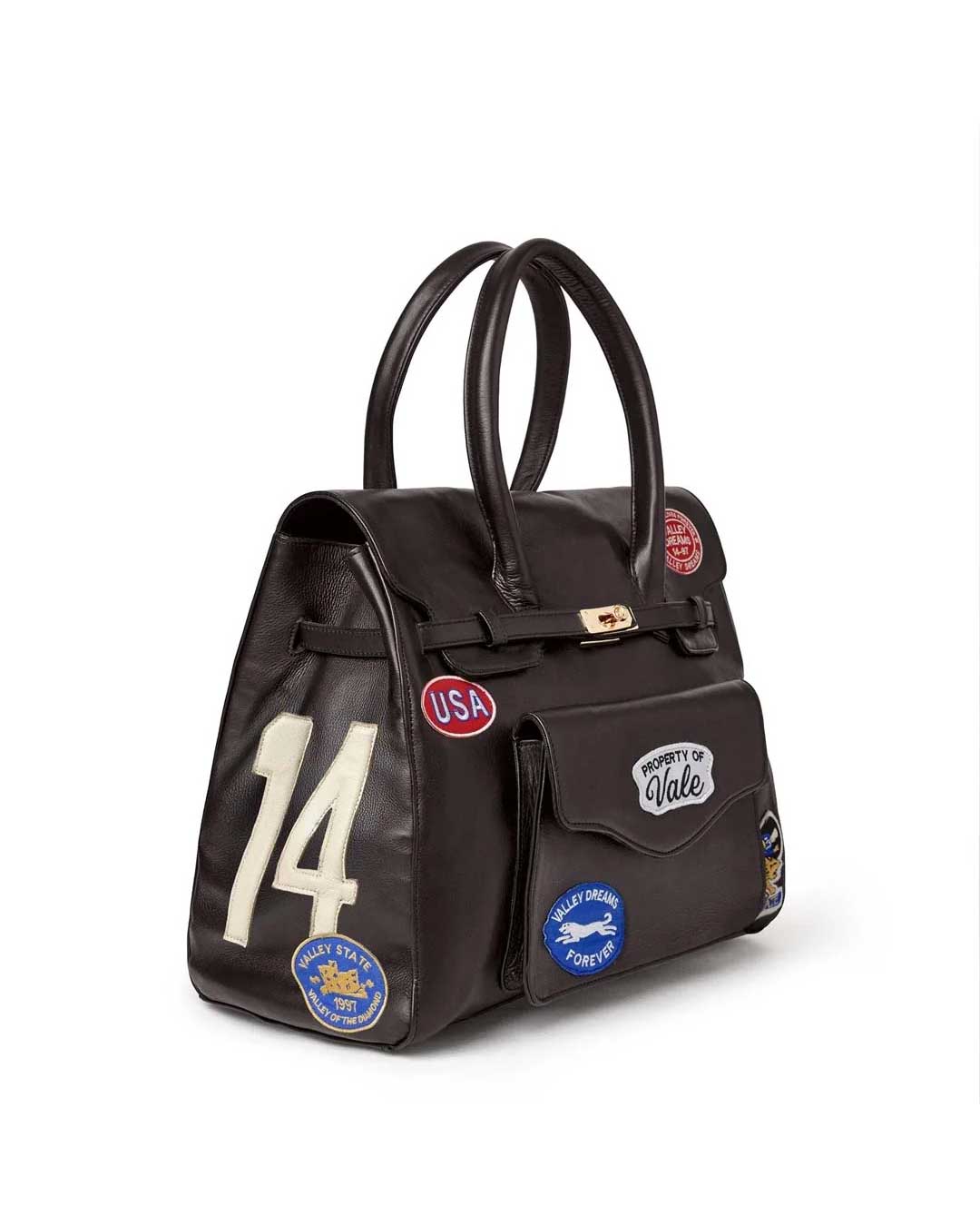 Vale Forever Lucky Charms Bag brown, angled side view showing the cream 14 applique and Valley State patch