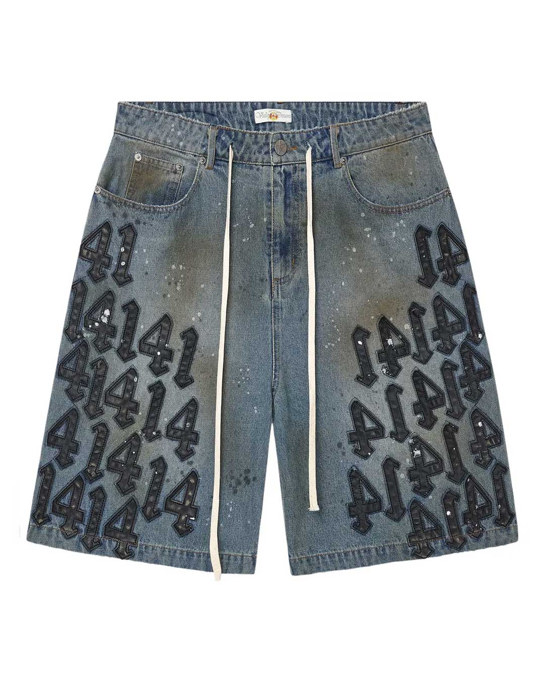 Vale Forever Lucky Charms Jorts blue/black, mud-washed denim shorts with black numeral appliqués, front view
