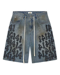 Vale Forever Lucky Charms Jorts blue/black, mud-washed denim shorts with black numeral appliqués, front view