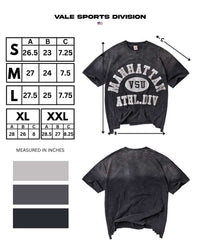 Vale Forever Manhattan Thrashed Tee black, Vale Sports Division size chart in inches