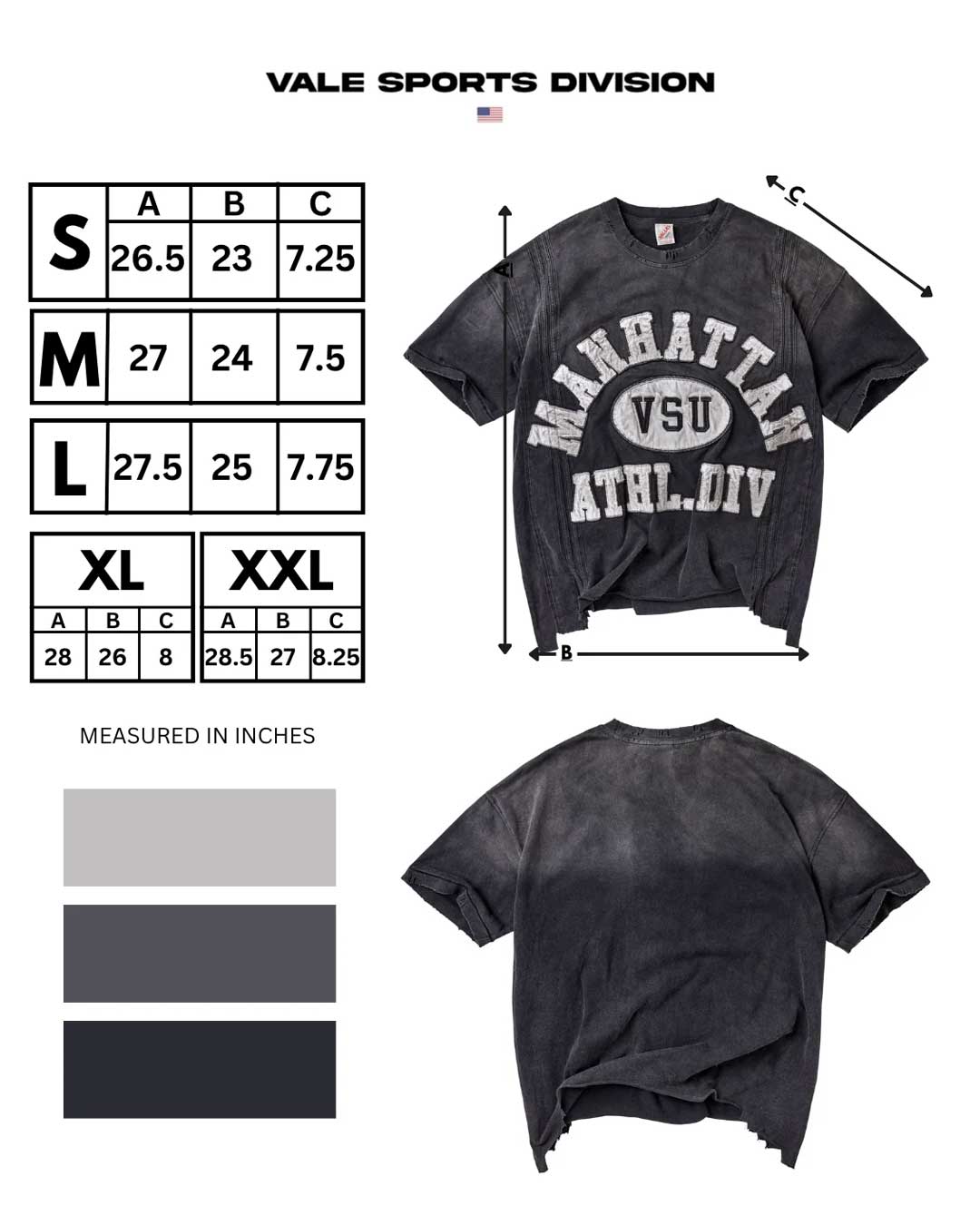 Vale Forever Manhattan Thrashed Tee black, Vale Sports Division size chart in inches