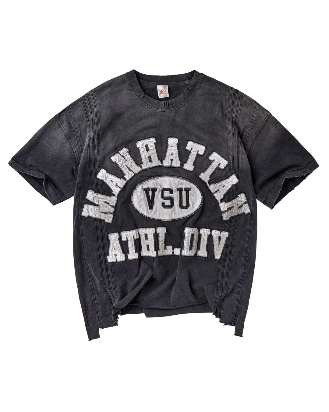 Vale Forever Manhattan Thrashed Tee black, washed tee with a cracked collegiate MANHATTAN VSU ATHL.DIV arch print, front view