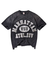 Vale Forever Manhattan Thrashed Tee black, washed tee with a cracked collegiate MANHATTAN VSU ATHL.DIV arch print, front view