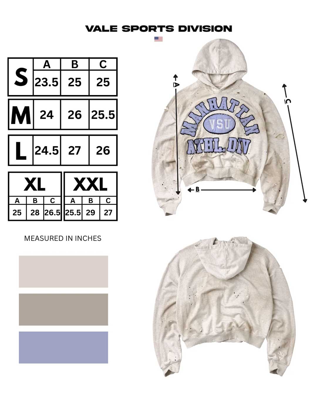 Vale Forever Manhattan VSU Pullover grey, size chart with measurements in inches