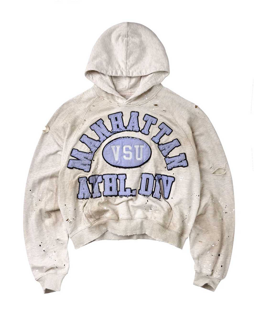 Vale Forever Manhattan VSU Pullover grey, distressed hoodie with a periwinkle Manhattan VSU Athl. Div appliqué, front view