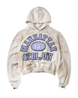 Vale Forever Manhattan VSU Pullover grey, distressed hoodie with a periwinkle Manhattan VSU Athl. Div appliqué, front view