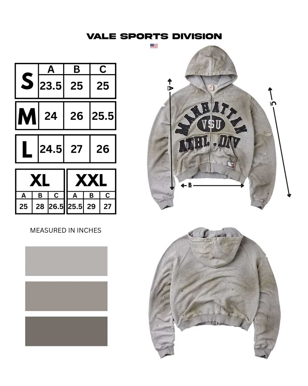 Vale Forever Manhattan Zip Up grey, size chart with measurements in inches
