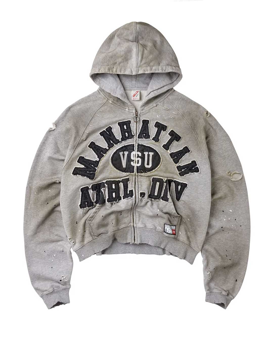 Vale Forever Manhattan Zip Up grey, distressed zip hoodie with a black Manhattan VSU Athl. Div appliqué, front view