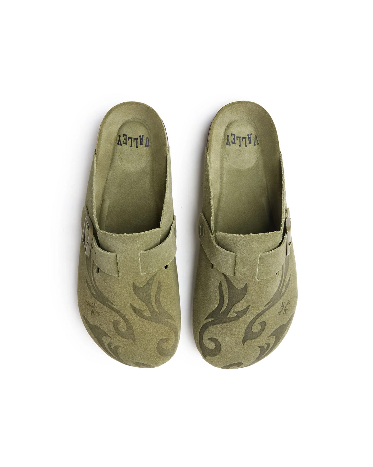 Vale Forever Matcha Clogs green, pair of olive suede clogs with a tonal flame print, top-down view