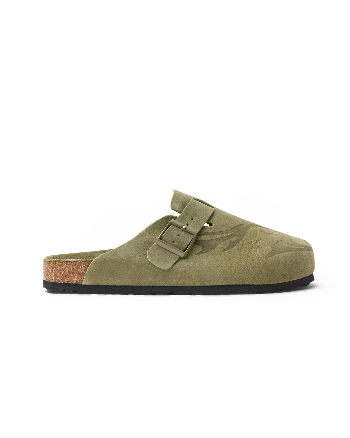 Vale Forever Matcha Clogs green, side profile showing the buckle strap, contoured footbed and black outsole