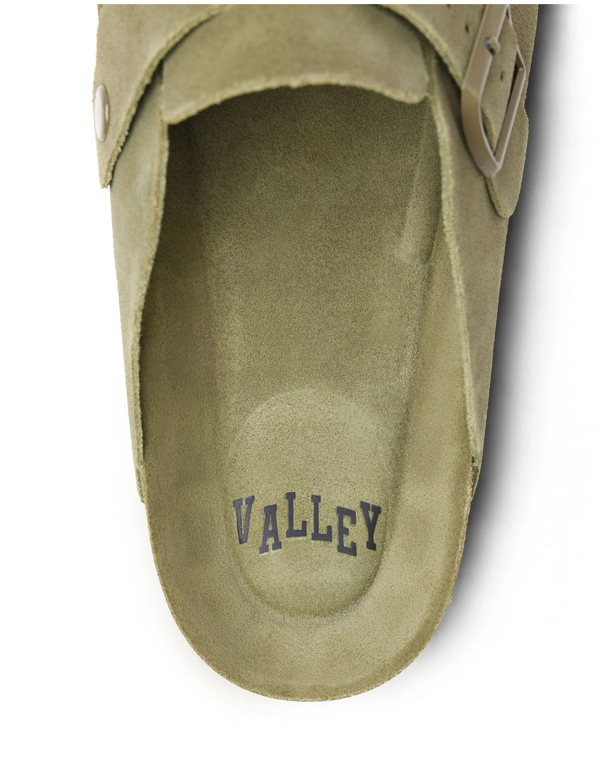 Vale Forever Matcha Clogs green, close-up of the footbed stamped Valley