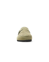 Vale Forever Matcha Clogs green, head-on front view of the olive suede clog