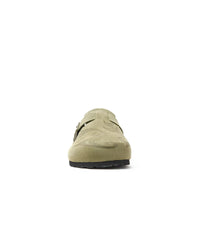 Vale Forever Matcha Clogs green, head-on front view of the olive suede clog