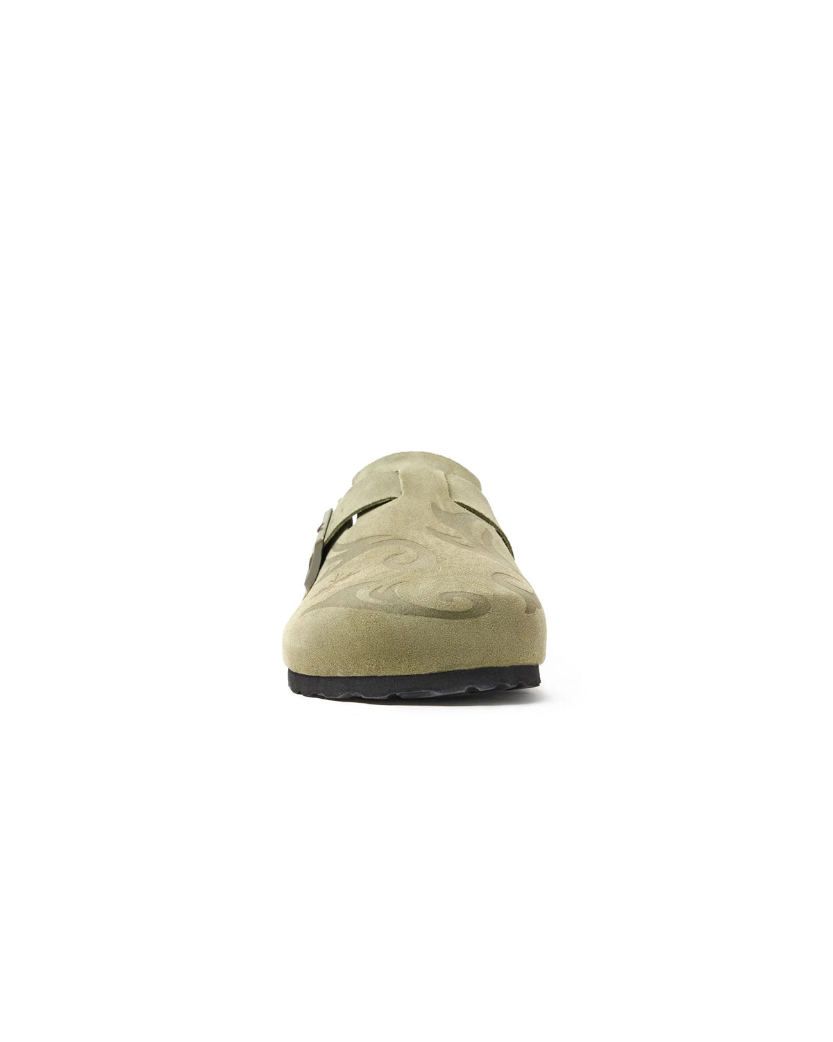 Vale Forever Matcha Clogs green, head-on front view of the olive suede clog