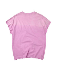 Vale Forever No Drugs Tank pink, plain washed pink back with raw-cut sleeves and distressed hem, back view