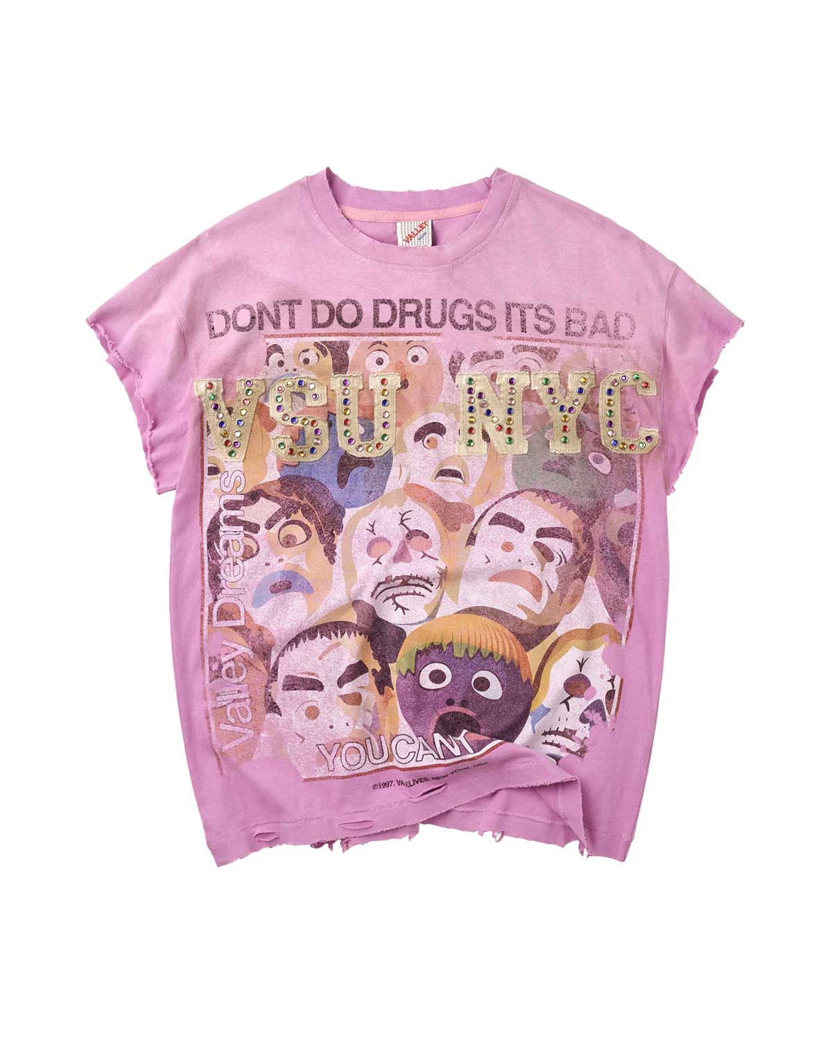 Vale Forever No Drugs Tank pink, washed pink cut-sleeve tee with rhinestone VSU NYC lettering and cartoon-face collage, front view