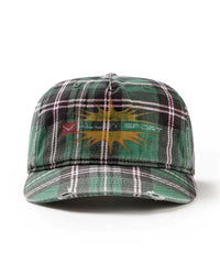 Vale Forever Oxford Snapper green, green tartan plaid cap with gold sunburst and Valley Sport wordmark, front view