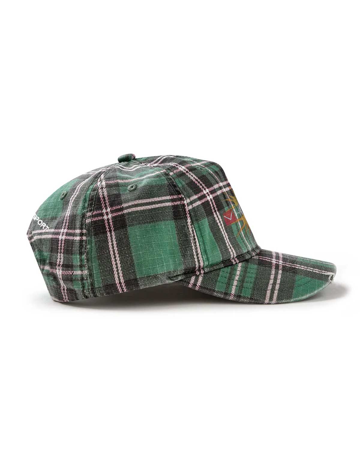 Vale Forever Oxford Snapper green, left side of the tartan plaid crown showing Valley Sport text, side view