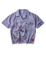 Vale Forever Paris Night Short Sleeve blue, camp-collar shirt with illustrated graphic panel and patches, front view