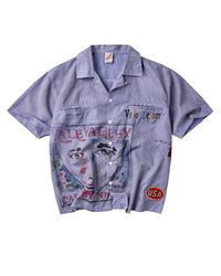 Vale Forever Paris Night Short Sleeve blue, camp-collar shirt with illustrated graphic panel and patches, front view