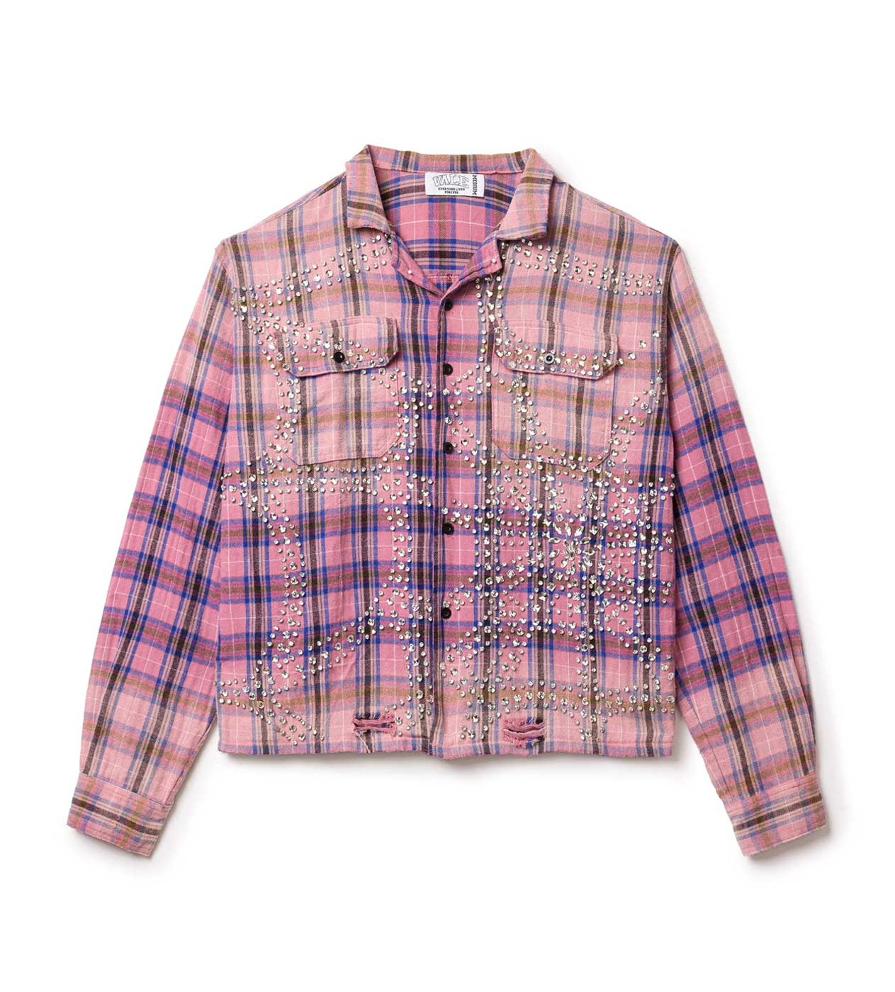 Vale Forever Piggy Bank Flannel Pink, pink plaid flannel with all-over rhinestone studding, front view