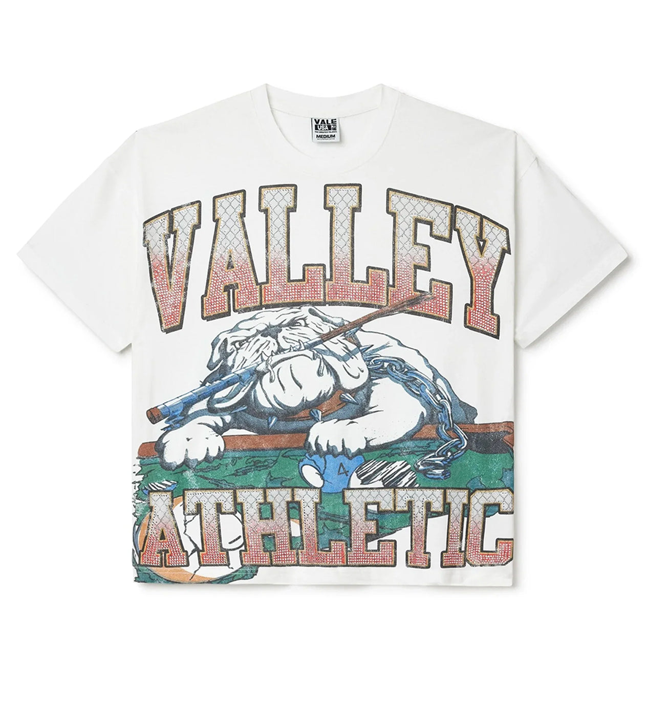 Vale Forever Polo Bling Tee white, cotton tee with cartoon bulldog on pool table and rhinestone Valley Athletic lettering, front view