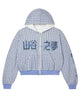 Vale Forever Reverso Thermal blue and white plaid zip-up hoodie, embroidered kanji chest graphic, front view