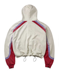 Vale Forever Rocket Zip Up Hoodie white, back view with red and lavender shoulder panels and a drawcord hem