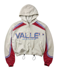 Vale Forever Rocket Zip Up Hoodie white, cream zip hoodie with red and lavender raglan racing panels and a faded Valley print, front view