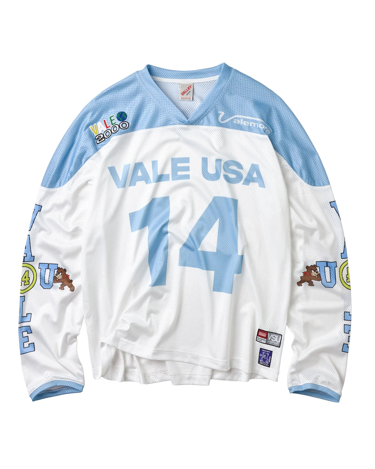 Vale Forever Skies Jersey white and blue, long-sleeve jersey with Vale USA 14 chest print, front view