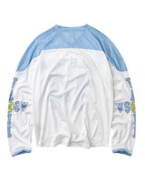 Vale Forever Skies Jersey white and blue, back view with blue yoke and patch-covered sleeves