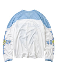 Vale Forever Skies Jersey white and blue, back view with blue yoke and patch-covered sleeves