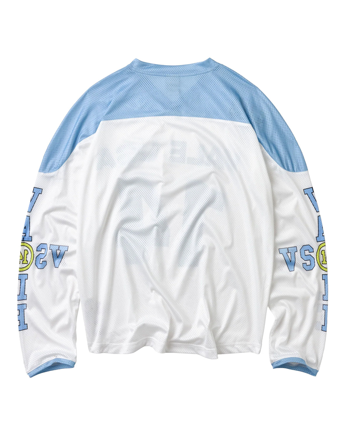 Vale Forever Skies Jersey white and blue, back view with blue yoke and patch-covered sleeves