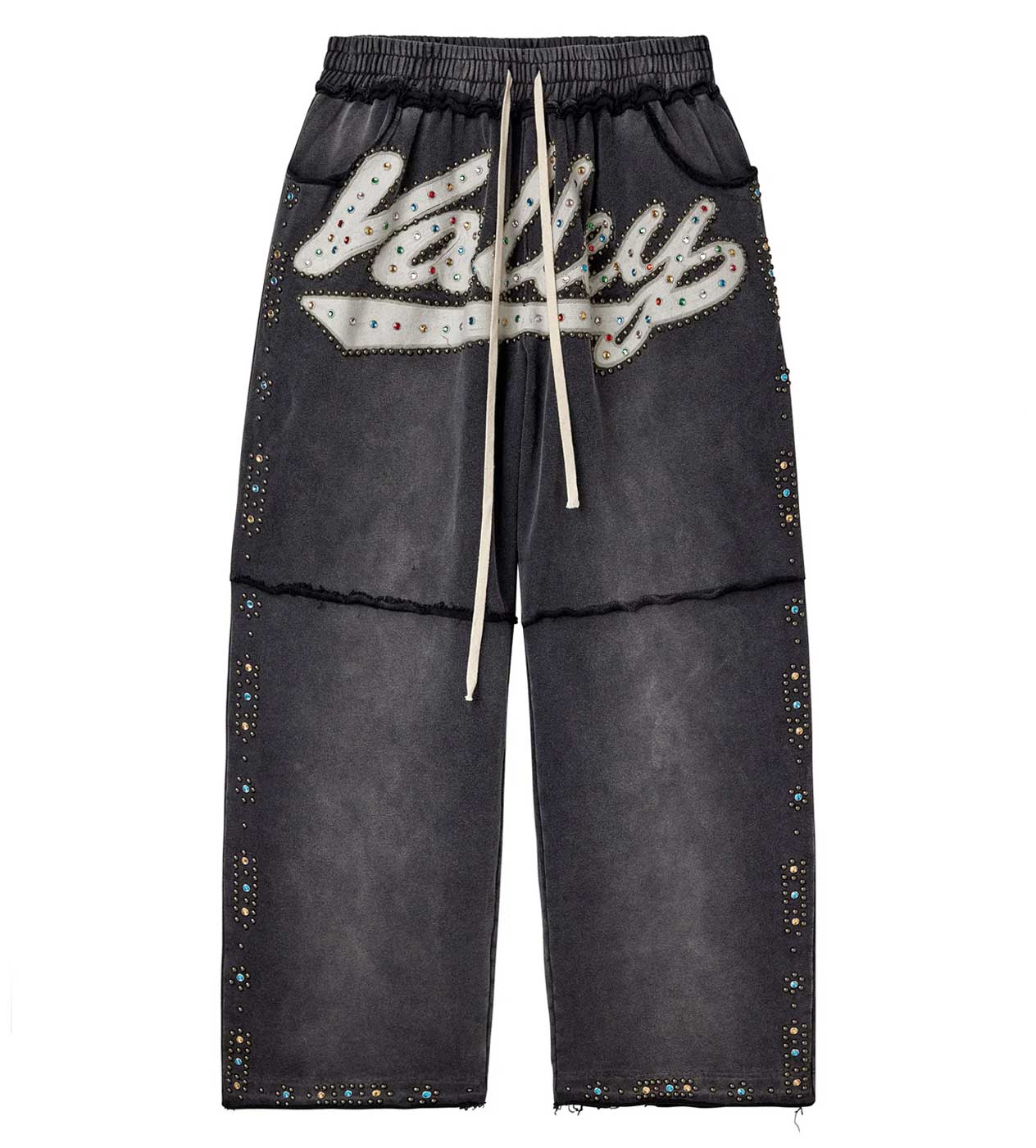 Vale Forever Skittles Sweatpants black, cream studded Valley script on the front, front view
