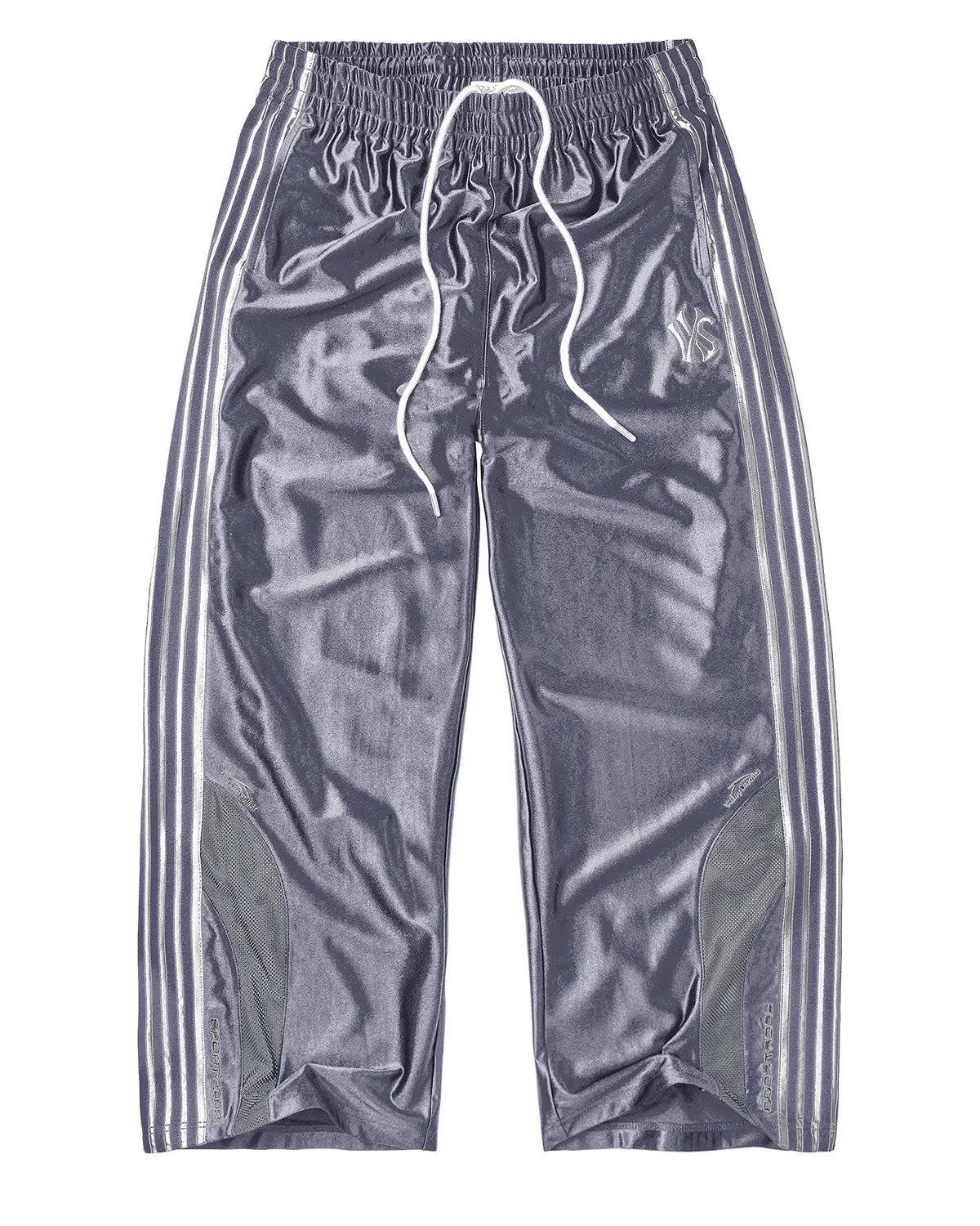 Vale Forever Sliver Surfer Swish Pants silver grey, satin track pants with triple white side stripes and drawstring waist, front view